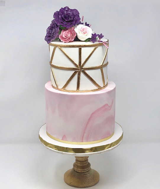 Cakes by Ellie - Elegant purple marble cake with edible painted gold.  Topped with flowers and gold birthday sign. | Facebook